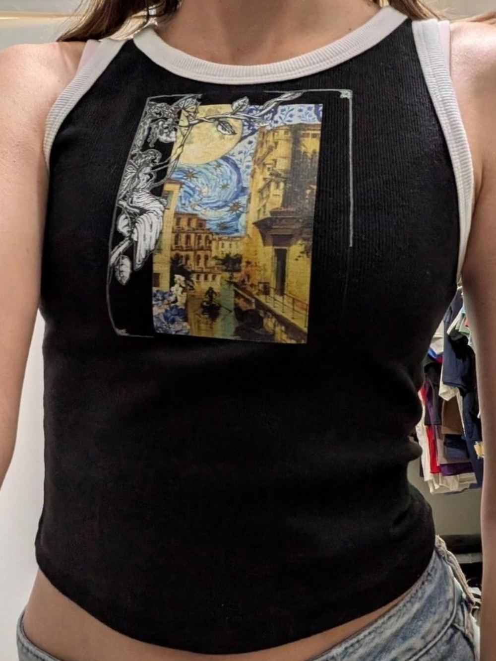 Black Handmade Vintage Inspired Graphic - Ribbed Tank Top with White Trim